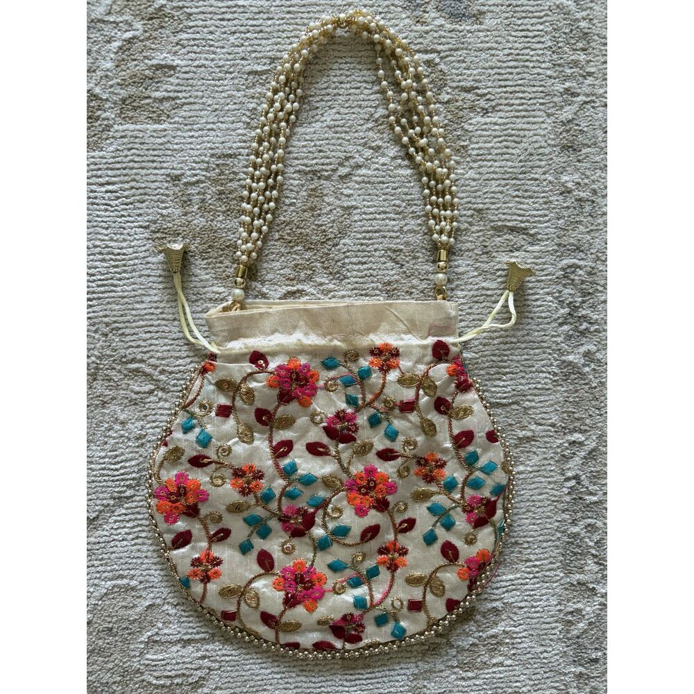 Silk and Satin Embroidered Pearl Colorful Purse Coin Bag